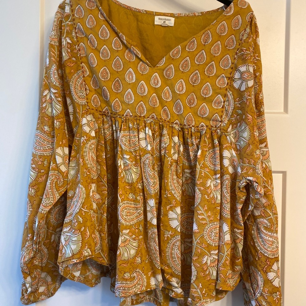 Cost Plus World Market Mustard Paisley V-Neck Peasant Tunic